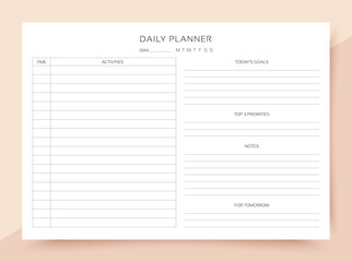 Daily planner. Schedule for day with goals, notes and priorities. Homework organizer. Timetable template. Simple journal page. Empty blank of diary in English. Vector illustration. Paper size A4.