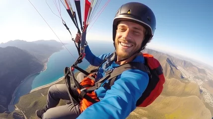 Tuinposter Young man paraglider taking a selfie while paragliding. Generative AI © piai