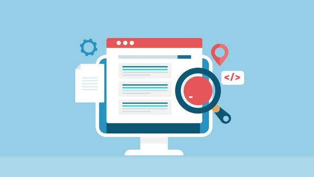 Web browser with search engine ranking page, website traffic analytics, content, coding and business map listing SEO optimization computer internet marketing video animation concept.