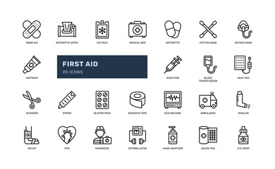 first aid medical emergency injury wound healthcare detailed outline line icon set