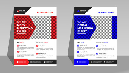 Corporate business flyer template design  with blue and red color. marketing, business proposal, promotion, advertise, publication, cover page. new digital marketing flyer.
