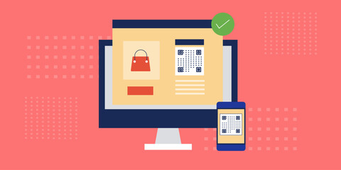 QR code scan on computer screen, Mobile with QR code application, Linked device with QR code security system, Payment with QR code, Vector illustration background.