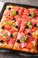 Rectangular pizza with cheese, salami sausage, olives and tomatoes close-up in a baking sheet on the table. Vertical