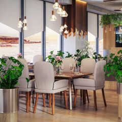 Modern Restaurant in Sustainable Interior Design - 3D Visualization (depht of field)