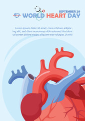 Closeup and crop human heart with wording of World Heart Day, example texts on blue background. Poster's campaign of world heart day in flat style and vector design.