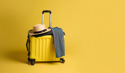 Yellow suitcase with traveler accessories on yellow background. minimal style.