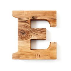 Letter E made from a wooden rustic block of wood - isolated on white background (Generative AI)