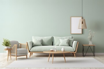 Modern living room with green sofa interior background.