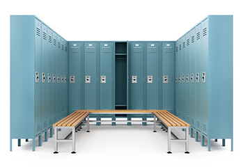 Blue locker metal cabinets with padlocks and benches - 3D illustration
- 645208163