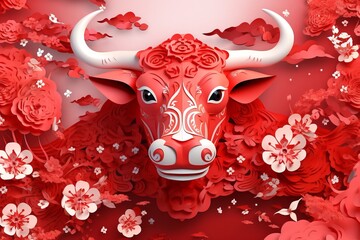 Free Chinese new year of the ox red paper with craft style Generative AI