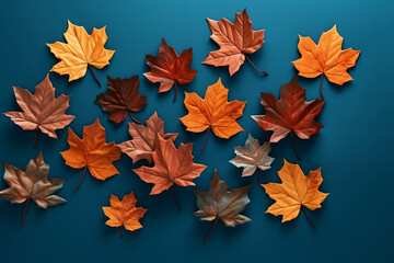Colorful maple leaves, top view, beautiful fallen leaves on blue backdrop, minimal style autumn illustration background.