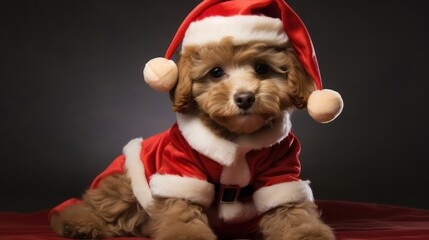 a photograph of cute Poodle dog wearing santa clause costume and hat in christmas celebration generative ai