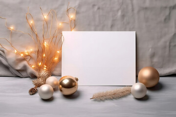 Mockup blank paper note greeting card, space for text with white and gold baubles and decoration light on gray fabric background, Chirstmas and new year background. - Powered by Adobe