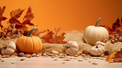 Pumpkins, squashs, nuts and maple leaves on orange background, Thanksgiving and Halloween autumn background with copy space.