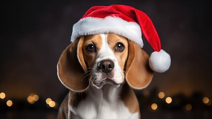 a photograph of cute Beagle dog wearing santa clause costume and hat for christmas celebration generative ai