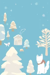 Zelfklevend Fotobehang Trees and foxes with snowfall in white and beige colors, winter landscape, hand drawn vector illustration / 白とベージュカラーの積雪のある木とキツネ、冬の風景、手描きのベクターイラスト © minana