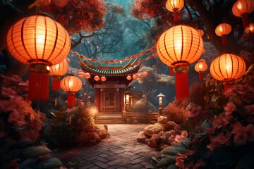 Free happy mid autumn festival or chinese new year gate Generative AI - obrazy, fototapety, plakaty