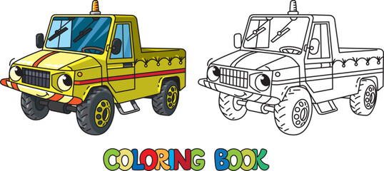 Funny pickup car with eyes. Coloring book
