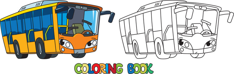 Funny small bus with eyes. Coloring book