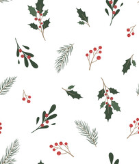 Seamless pattern of simple botanical elements in scandinavian style. Twig of conifers evergreen tree, ilex, red berries. Hand drawn Stylized repeated background. Endless print for wallpapers, fabric