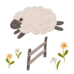 Cute cartoon Sheep jumping over the fence. Good night. Counting sheep for insomnia. Digital hand drawn illustration with little lamb in scandinavian style. Drawing of character in cartoon style for
