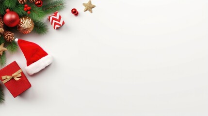 Banner of creative white frame with decorations Christmas theme,santa hat,christmas light balls,christmas tree and red gift box on white background with copy space. Generative Ai