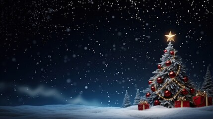 Christmas tree and gift boxes on night snow falling background. Generative Ai