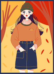 autumn girl in sweater in autumn forest