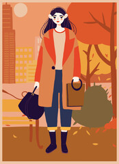autumn girl in town in fall season with two bags
