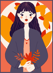 autumn girl with fall leaves bouquet