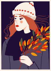 autumn girl with leaves bouquet