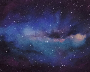 Obraz premium Cosmic backdrop. Starlit night sky. Gleaming galaxies of the far-reaching cosmos. Nocturnal fantasy. Serene shades of blue, green, and pink hues. watercolor illustration with astral elements