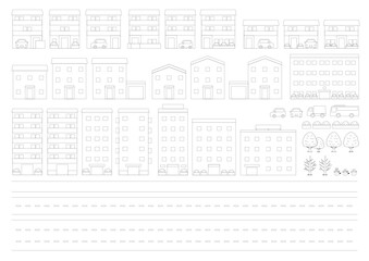 建物や街路樹や車のイラストのセット_1_線画
