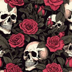 Skull and rose seamless pattern. Generative AI illustration