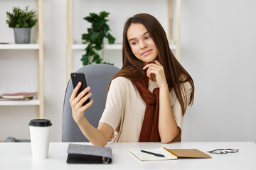 girl phone young laptop education student selfie smile learning blogger