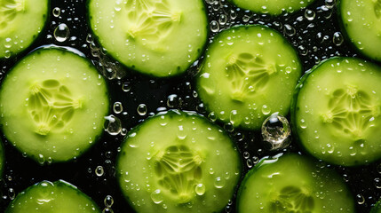 Fresh green cucumber slices with water drops background. Vegetables backdrop. Generative AI