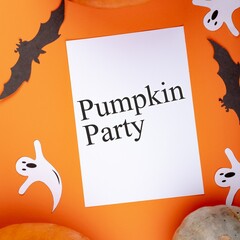 Composite of pumpkin party text and ghosts and bats on orange background
