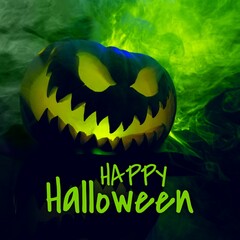 Composite of happy halloween text and halloween pumpkin on green background