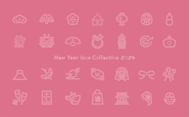 2024年辰や縁起物のシンプルおしゃれなお正月のシンボル・年賀素材用の細い線のベクターデザインアイコンセット_ピンク
