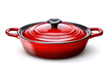 Red cast iron enamel frying pan. Dutch oven, isolated on white