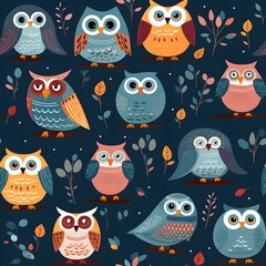 Cute cartoon owls seamless pattern background.
