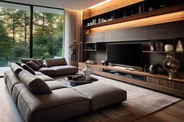 Fototapeta premium A modern entertainment room with a wall-mounted TV, a comfortable sectional sofa, and built-in storage. 