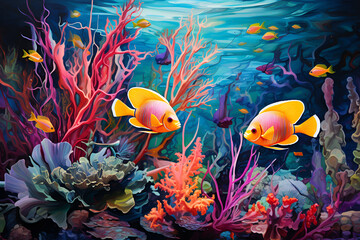 Coral reef and colorful fishes. Underwater life	
