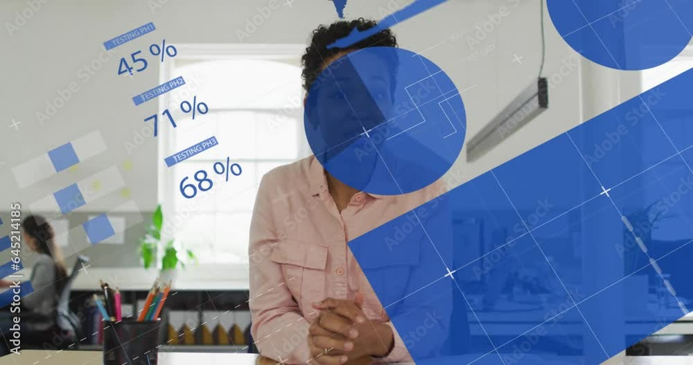 Wall mural Animation of infographic interface over biracial woman taking and waving goodbye at camera