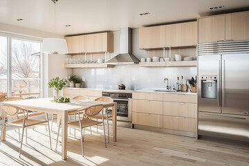 A Scandinavian kitchen with sleek cabinetry, stainless steel appliances, and a spacious island for both function and style. 