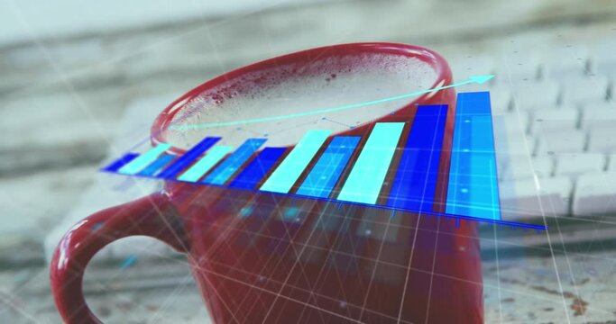 Animation of arrow on growing bar graph over milk in cup and keyboard on wooden table