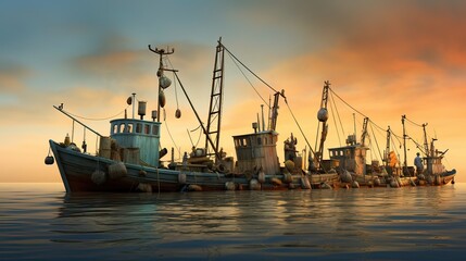 Fototapeta premium Fishing boat stands ready to set sail, life jacket, herring, canoe, kayak, raft, ocean, anchor, barge, bottom, shore, keel, ship, transport, ship. Generated by AI.