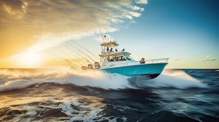 Fishing charter boat glides through the waves, its decks alive with anglers savoring a day at sea, embracing the serenity of maritime exploration. Generated by AI. - obrazy, fototapety, plakaty