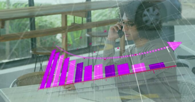 Animation of arrow on falling graph and vehicle on street, biracial man talking on cellphone