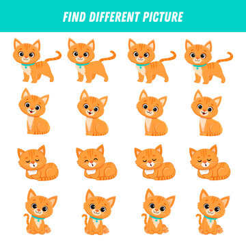 Find different kitten in each row. Logical game for kids. Cartoon cat. 